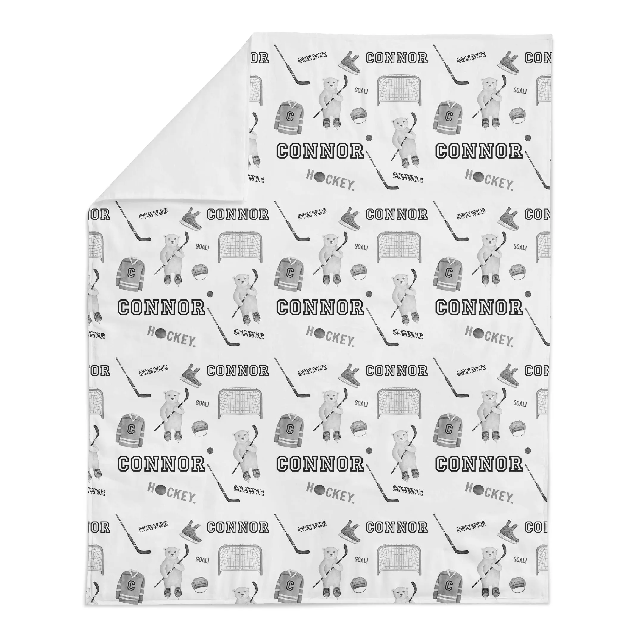 Personalized Name Minky Blanket -  HOCKEY BEARS BLACK AND WHITE