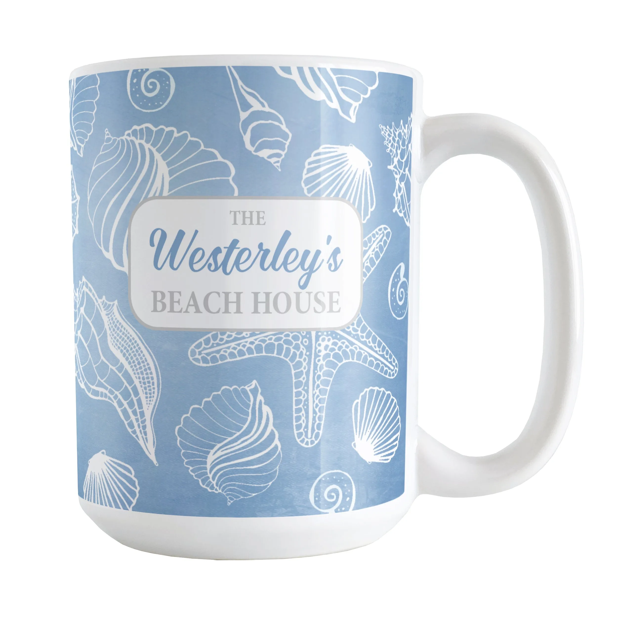 Personalized White Seashell Pattern Blue Beach Mug