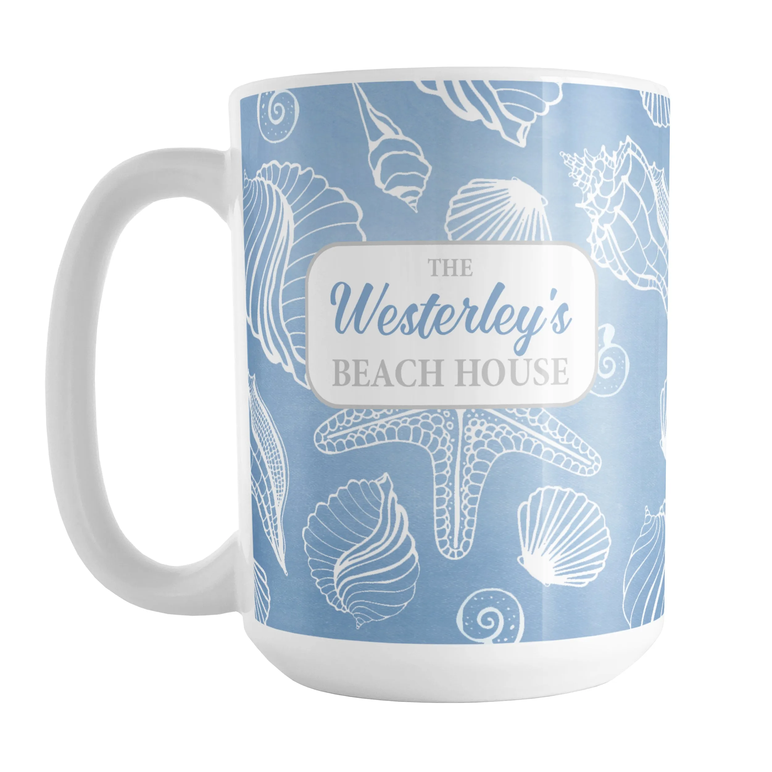 Personalized White Seashell Pattern Blue Beach Mug