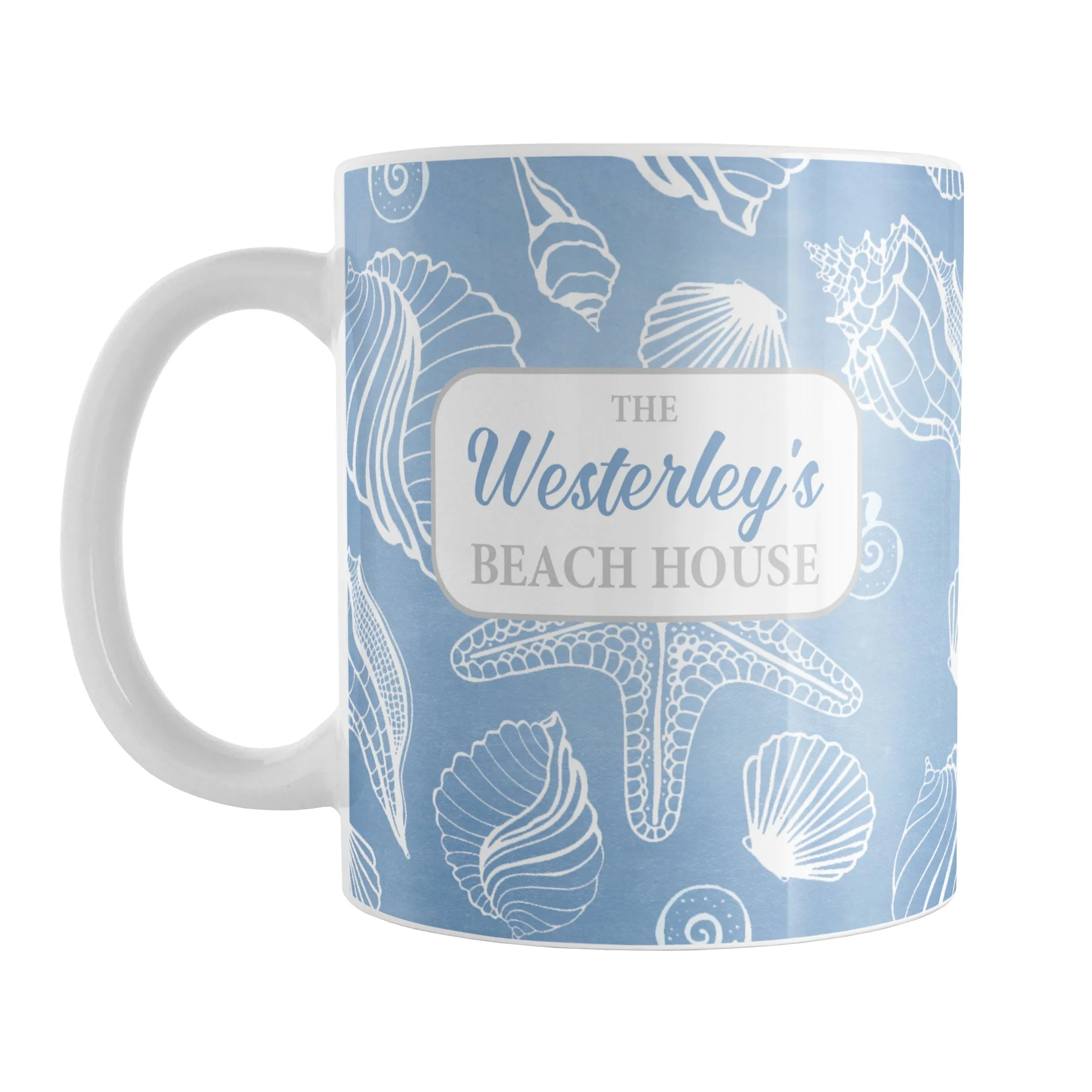 Personalized White Seashell Pattern Blue Beach Mug