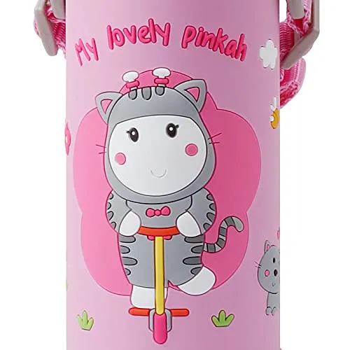 (PINKAH) 3D Cartoon Kids Bottle with Straw and Strap | Stainless Steel (500ML) - Pink