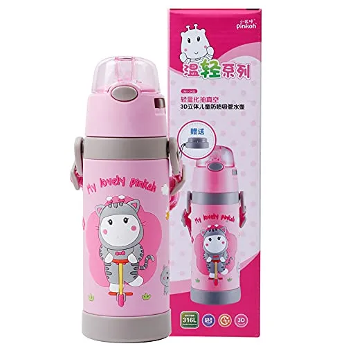 (PINKAH) 3D Cartoon Kids Bottle with Straw and Strap | Stainless Steel (500ML) - Pink