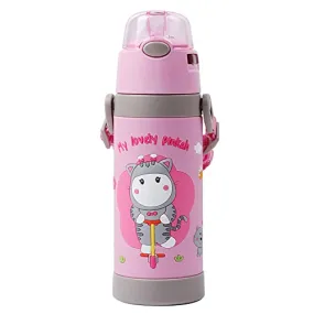 (PINKAH) 3D Cartoon Kids Bottle with Straw and Strap | Stainless Steel (500ML) - Pink