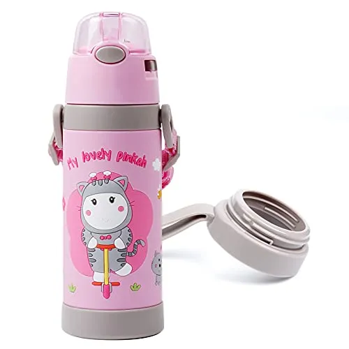 (PINKAH) 3D Cartoon Kids Bottle with Straw and Strap | Stainless Steel (500ML) - Pink