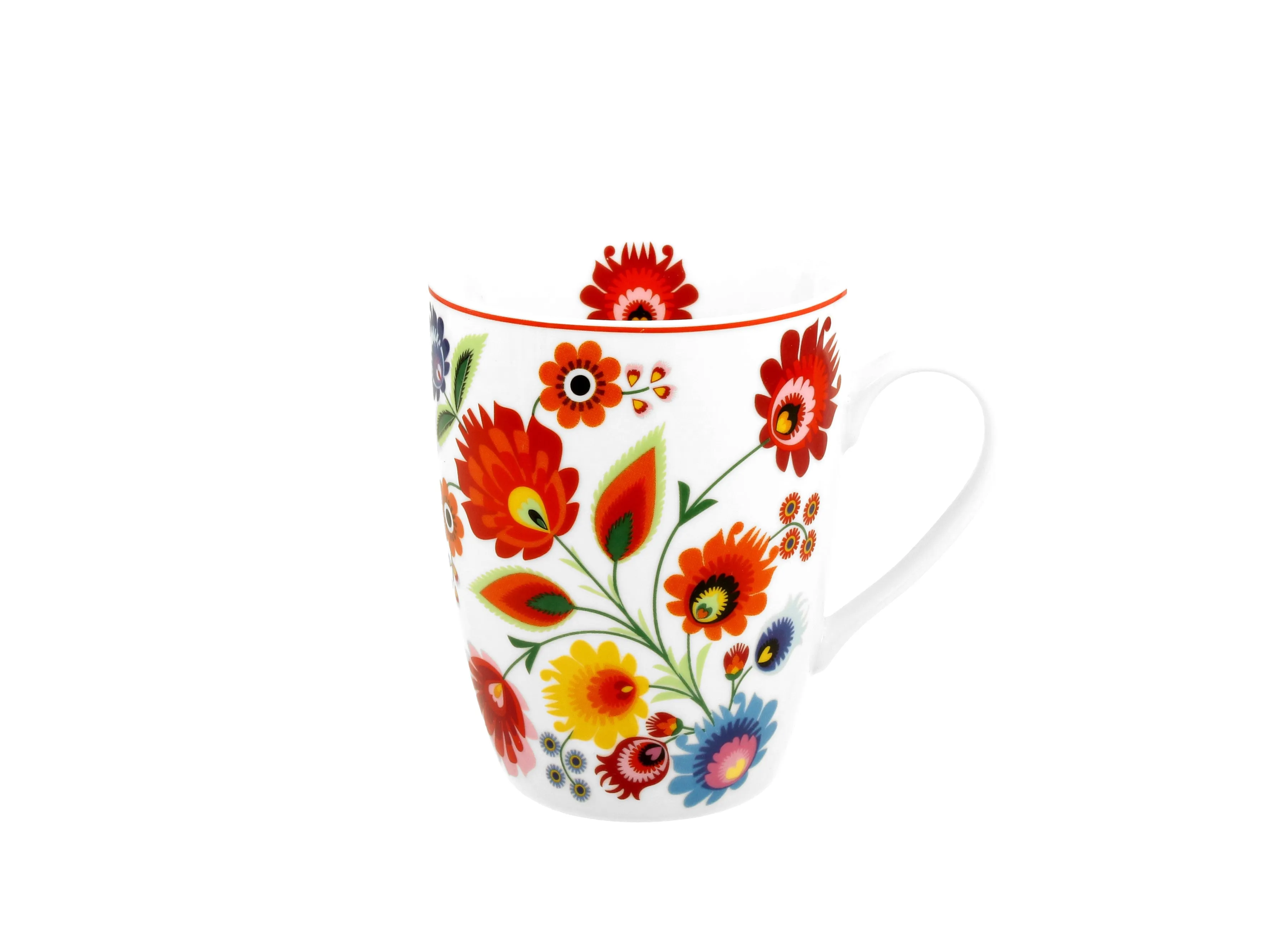 Polish Folk Art Porcelain Bullet Mug, 380ml - Lowicz White