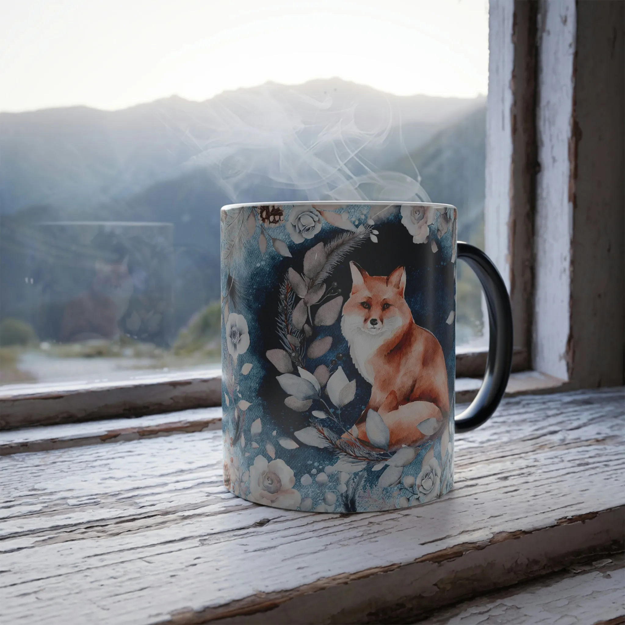 Red fox in a floral scene 11oz Color Morphing Mug