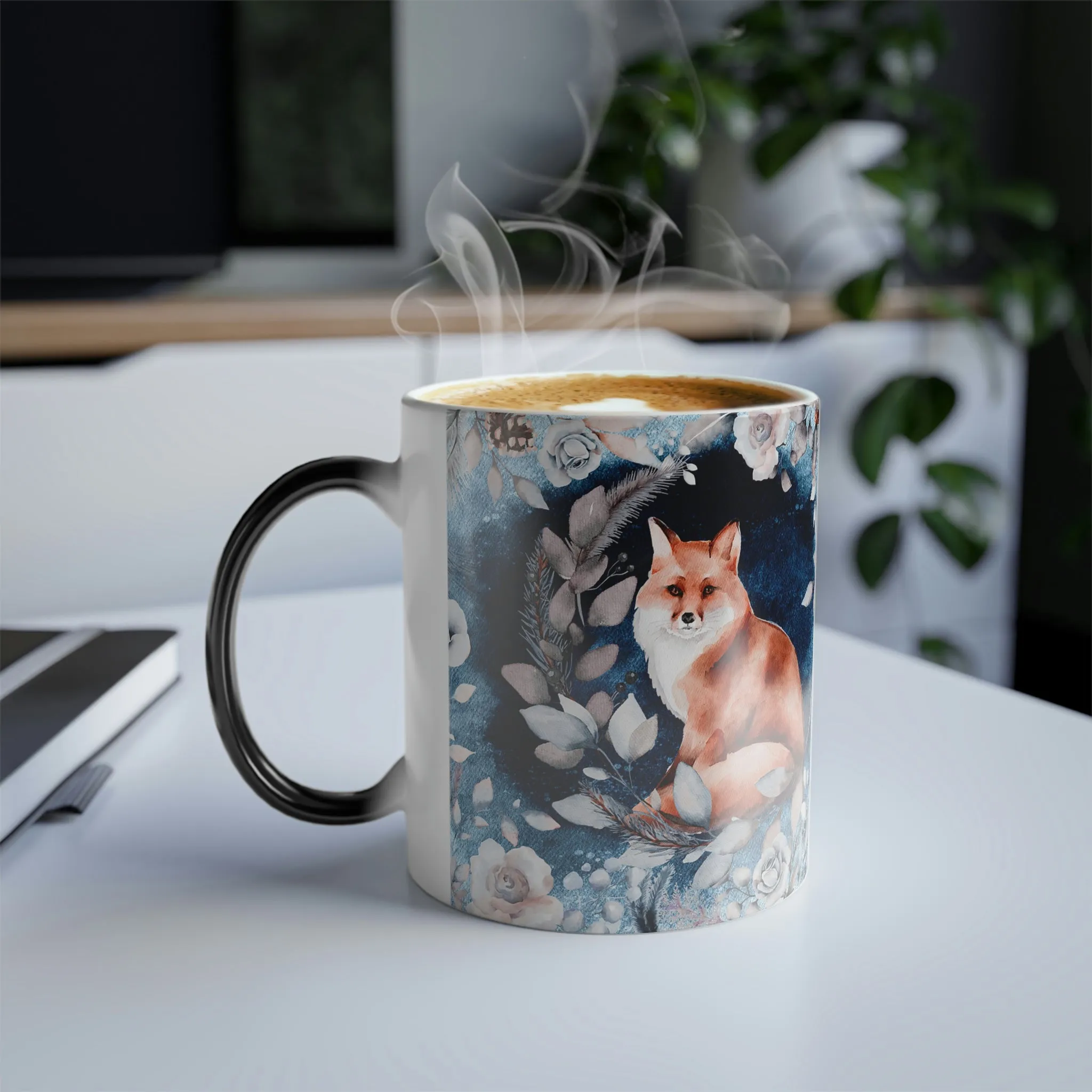 Red fox in a floral scene 11oz Color Morphing Mug