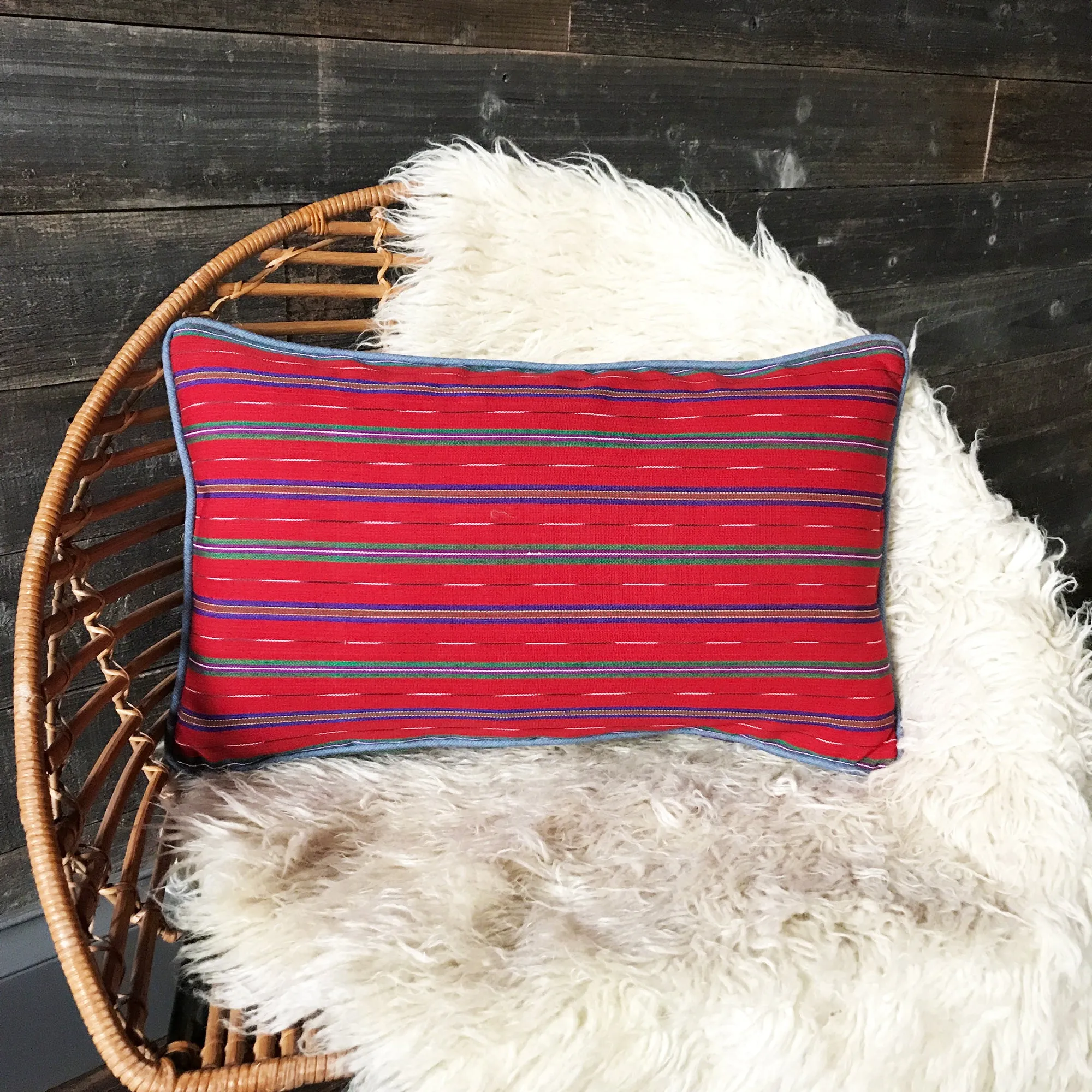 Red Southwestern Linen Welt Trim Lumbar Pillow Cover 13x22