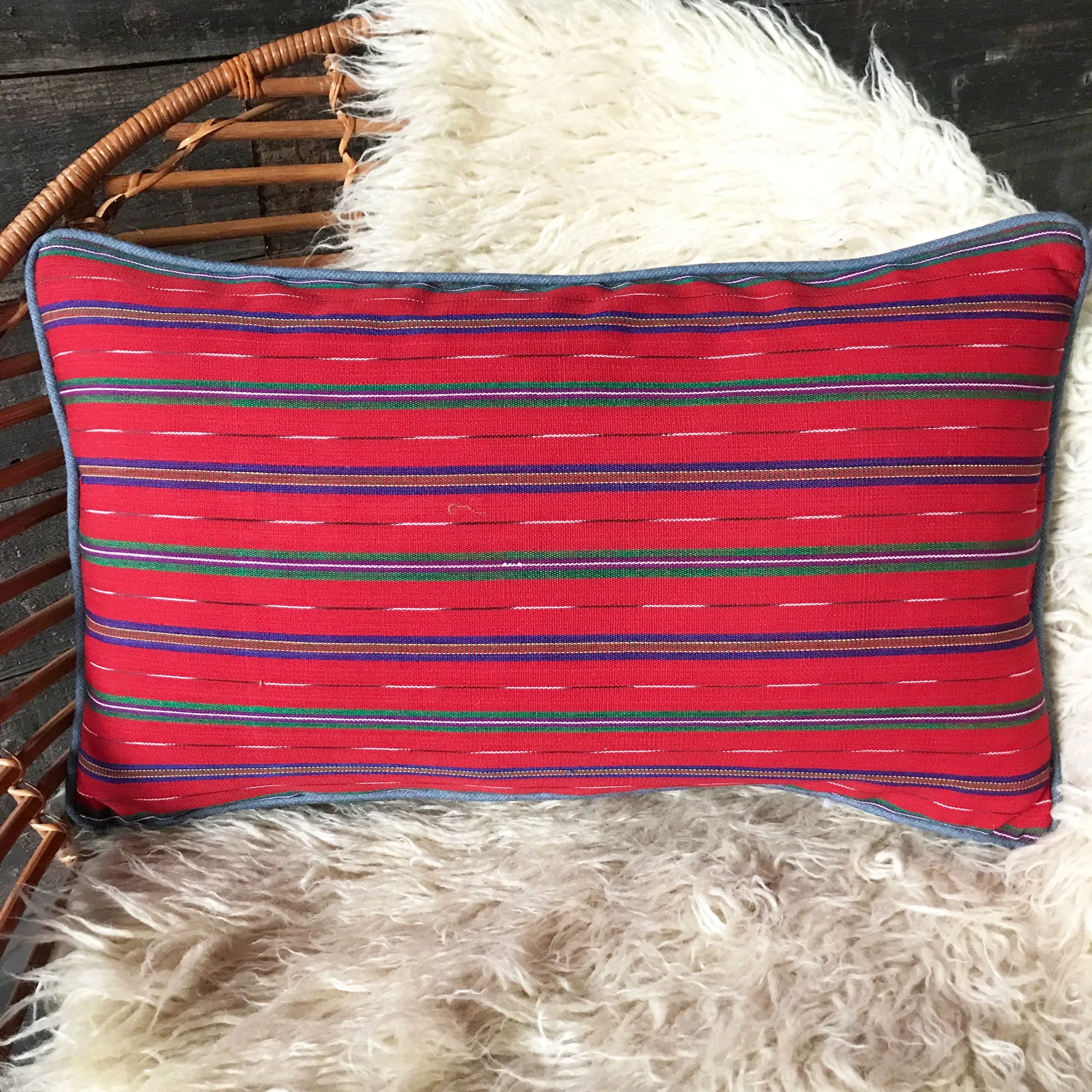 Red Southwestern Linen Welt Trim Lumbar Pillow Cover 13x22