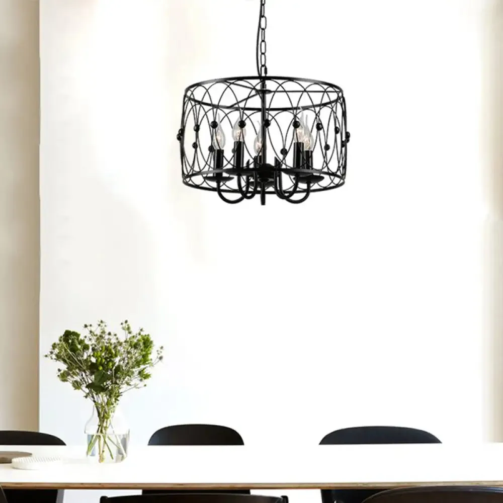 Rustic Black Drum Chandelier - 6-Head Metal Pendant Ceiling Light for Living Room - Candle Design