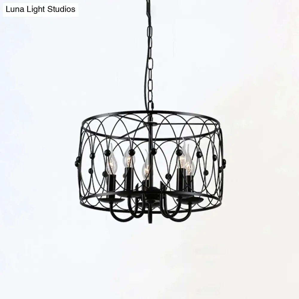 Rustic Black Drum Chandelier - 6-Head Metal Pendant Ceiling Light for Living Room - Candle Design