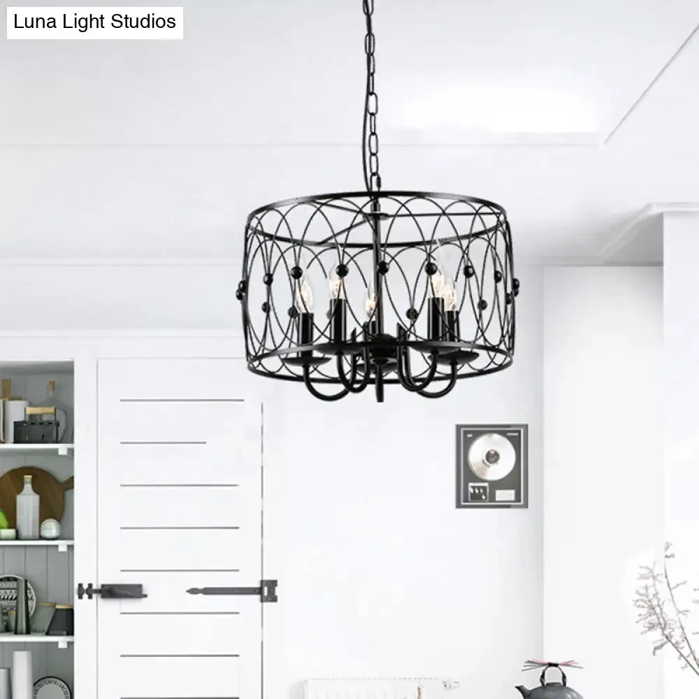 Rustic Black Drum Chandelier - 6-Head Metal Pendant Ceiling Light for Living Room - Candle Design