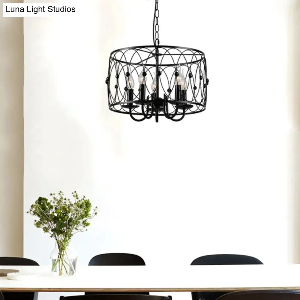 Rustic Black Drum Chandelier - 6-Head Metal Pendant Ceiling Light for Living Room - Candle Design