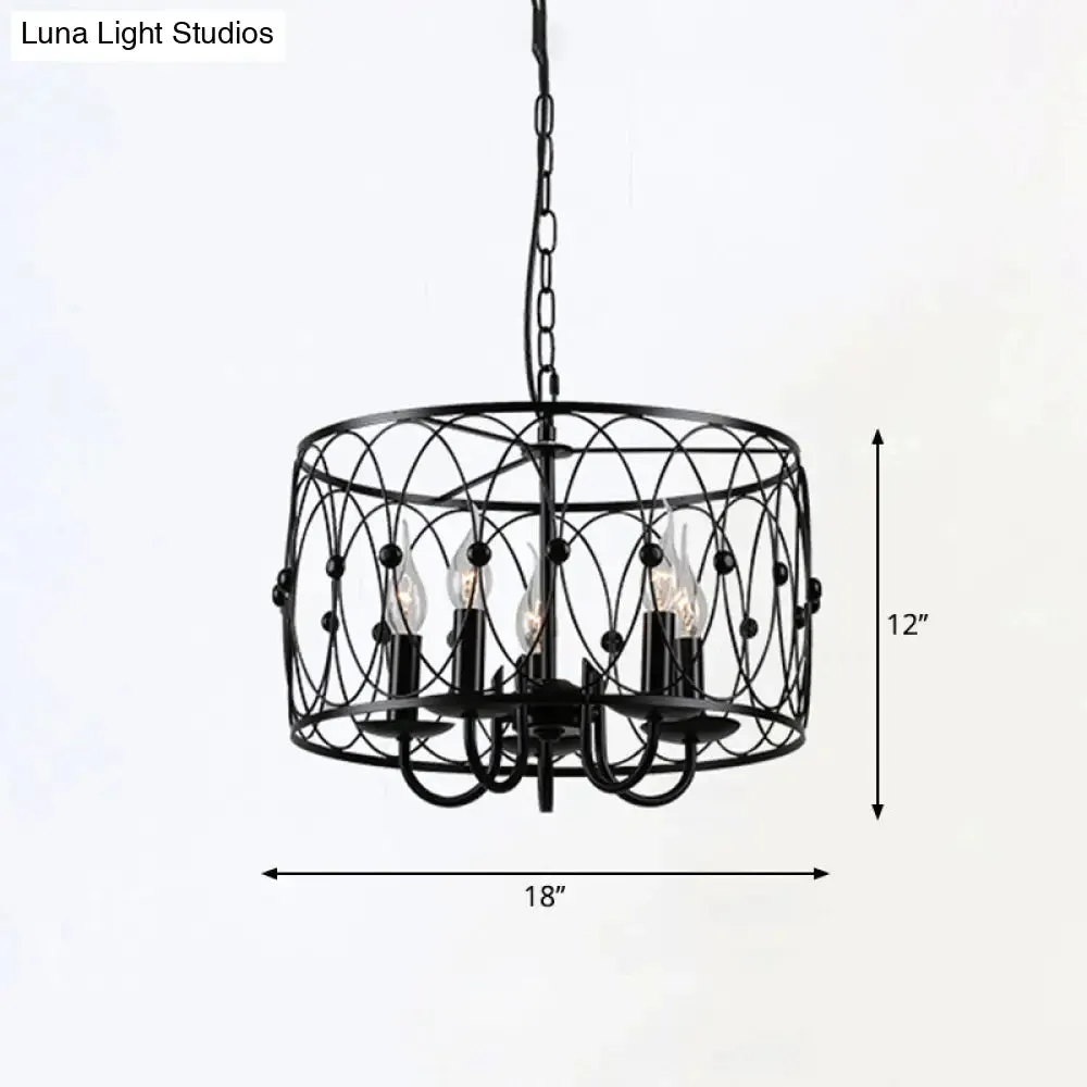 Rustic Black Drum Chandelier - 6-Head Metal Pendant Ceiling Light for Living Room - Candle Design