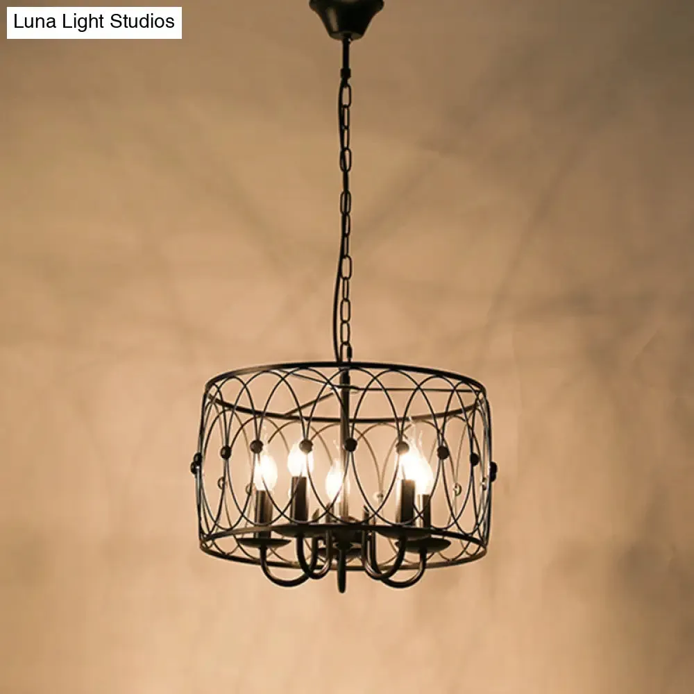 Rustic Black Drum Chandelier - 6-Head Metal Pendant Ceiling Light for Living Room - Candle Design