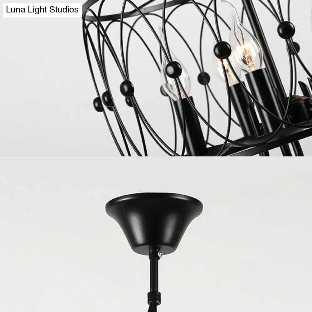 Rustic Black Drum Chandelier - 6-Head Metal Pendant Ceiling Light for Living Room - Candle Design