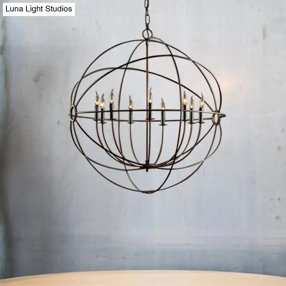 Rustic Iron Chandelier: Antique Style Pendant Light with Spherical Cage Shade and Multi-Light Ceiling Fixture