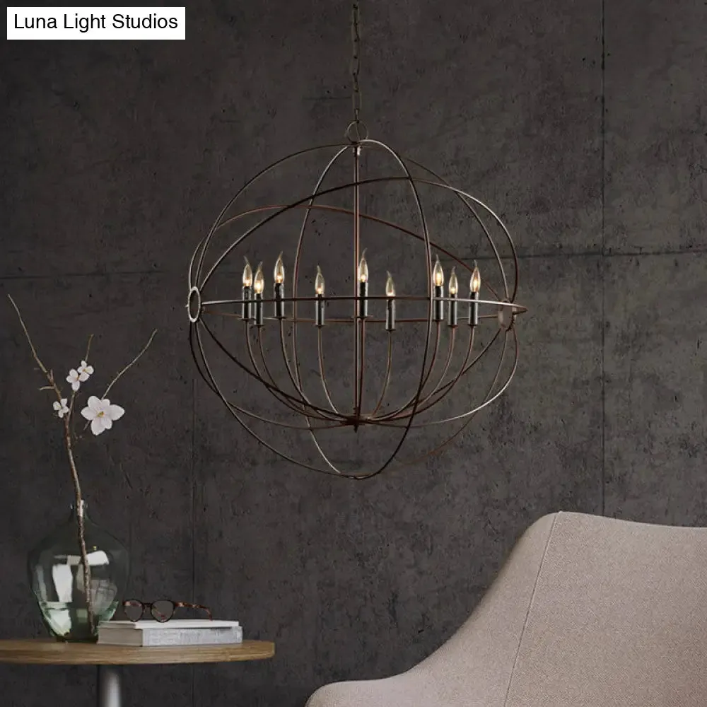 Rustic Iron Chandelier: Antique Style Pendant Light with Spherical Cage Shade and Multi-Light Ceiling Fixture