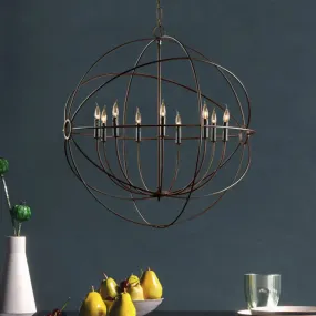 Rustic Iron Chandelier: Antique Style Pendant Light with Spherical Cage Shade and Multi-Light Ceiling Fixture