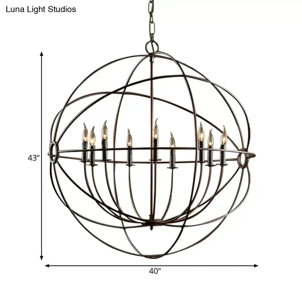 Rustic Iron Chandelier: Antique Style Pendant Light with Spherical Cage Shade and Multi-Light Ceiling Fixture