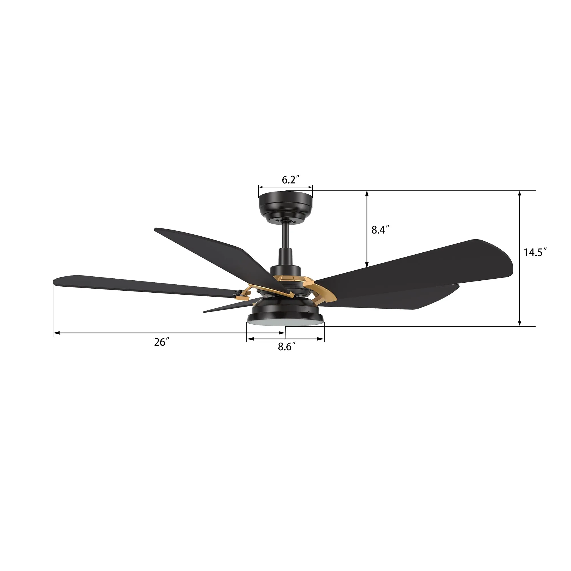 SAVILI 52 inch 5-Blade Smart Ceiling Fan with LED Light Kit & Remote Control- Black/Black (Gold Details)