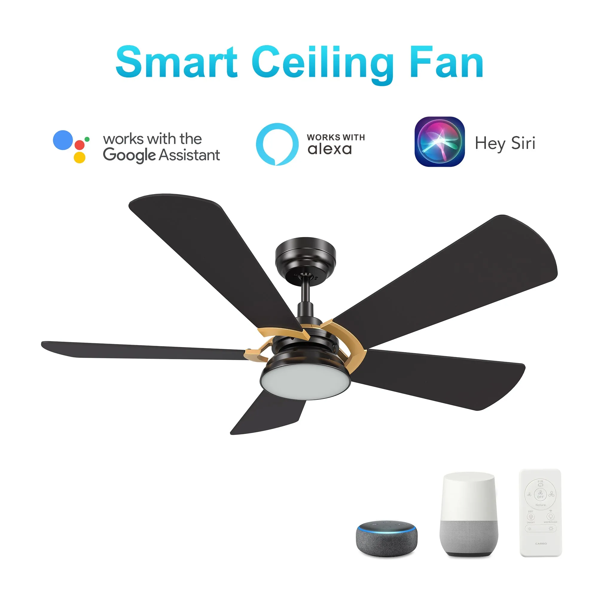 SAVILI 52 inch 5-Blade Smart Ceiling Fan with LED Light Kit & Remote Control- Black/Black (Gold Details)