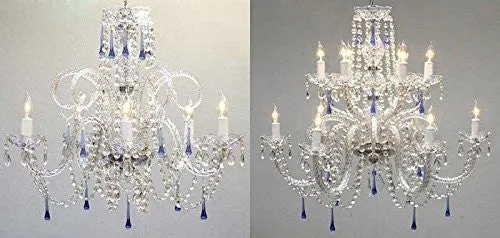 Set Of 2 - Authentic All Crystal Chandelier Chandeliers With Blue Crystals - 1Ea 387/5Blue   1Ea 387/6 6/Blue