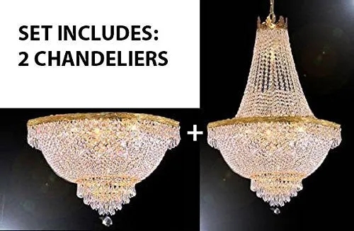 Set Of 2 - French Empire Crystal Chandelier Lighting H30" X W24"   French Empire Crystal Semi Flush Chandeliers Lighting H18" X W24" - Foyer Hallway Bedroom Kitchen- Works For All Locations - 1Eaa93-870/9 1Eaa93-Flush/870/9