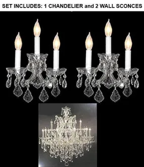 Set Of 3 - 1 Chandelier Crystal Lighting Chandeliers H 30" W 28" And 2 Maria Theresa Wall Sconce Crystal Lighting H14" x W11.5" - 1Ea-Cs/21532/12 1   2Ea-Cs/2813/3