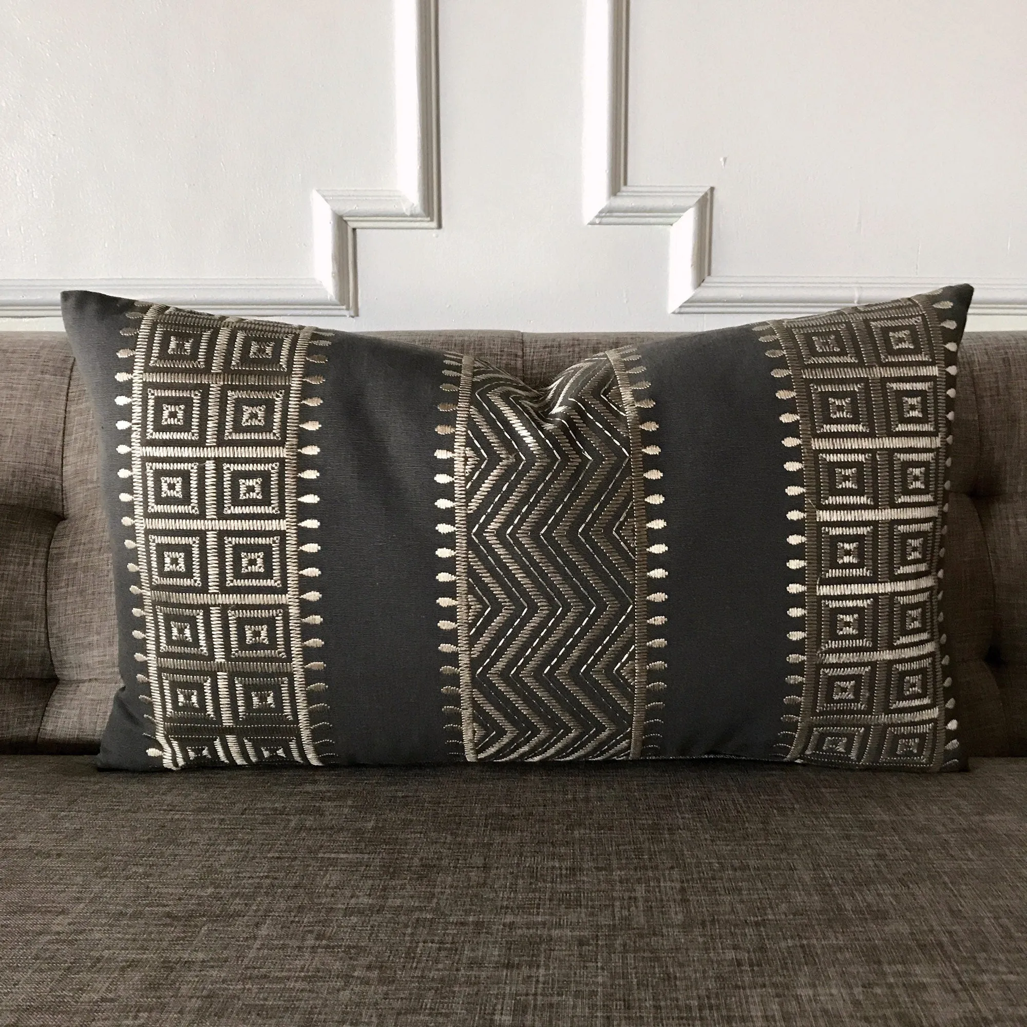 Silver Charcoal Geometric Woven Lumbar Pillow Cover 15x26