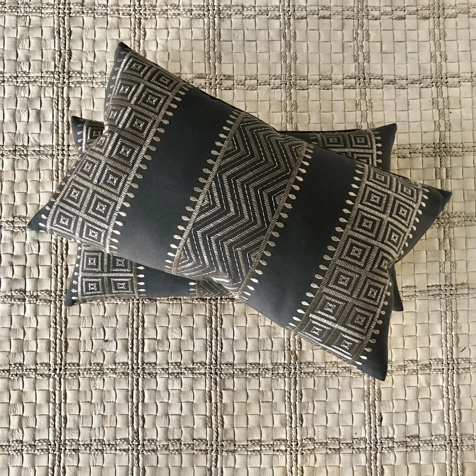 Silver Charcoal Geometric Woven Lumbar Pillow Cover 15x26