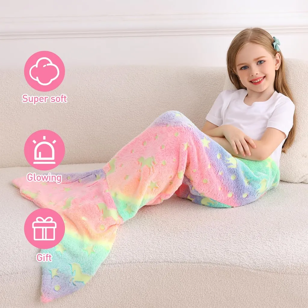 SNOWIE SOFT® Mermiad Tail Blanket for Kids, Flannel Cartoon Soft Blanket Glow in The Dark Kids Blanket Dreamy Travel Blanket Fish Tail Mermaid Blanket for Girls -Birthday Gift for Girls Kids