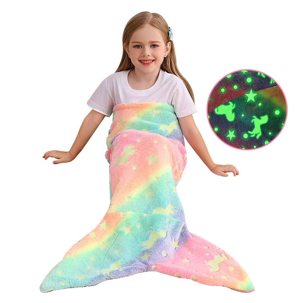 SNOWIE SOFT® Mermiad Tail Blanket for Kids, Flannel Cartoon Soft Blanket Glow in The Dark Kids Blanket Dreamy Travel Blanket Fish Tail Mermaid Blanket for Girls -Birthday Gift for Girls Kids