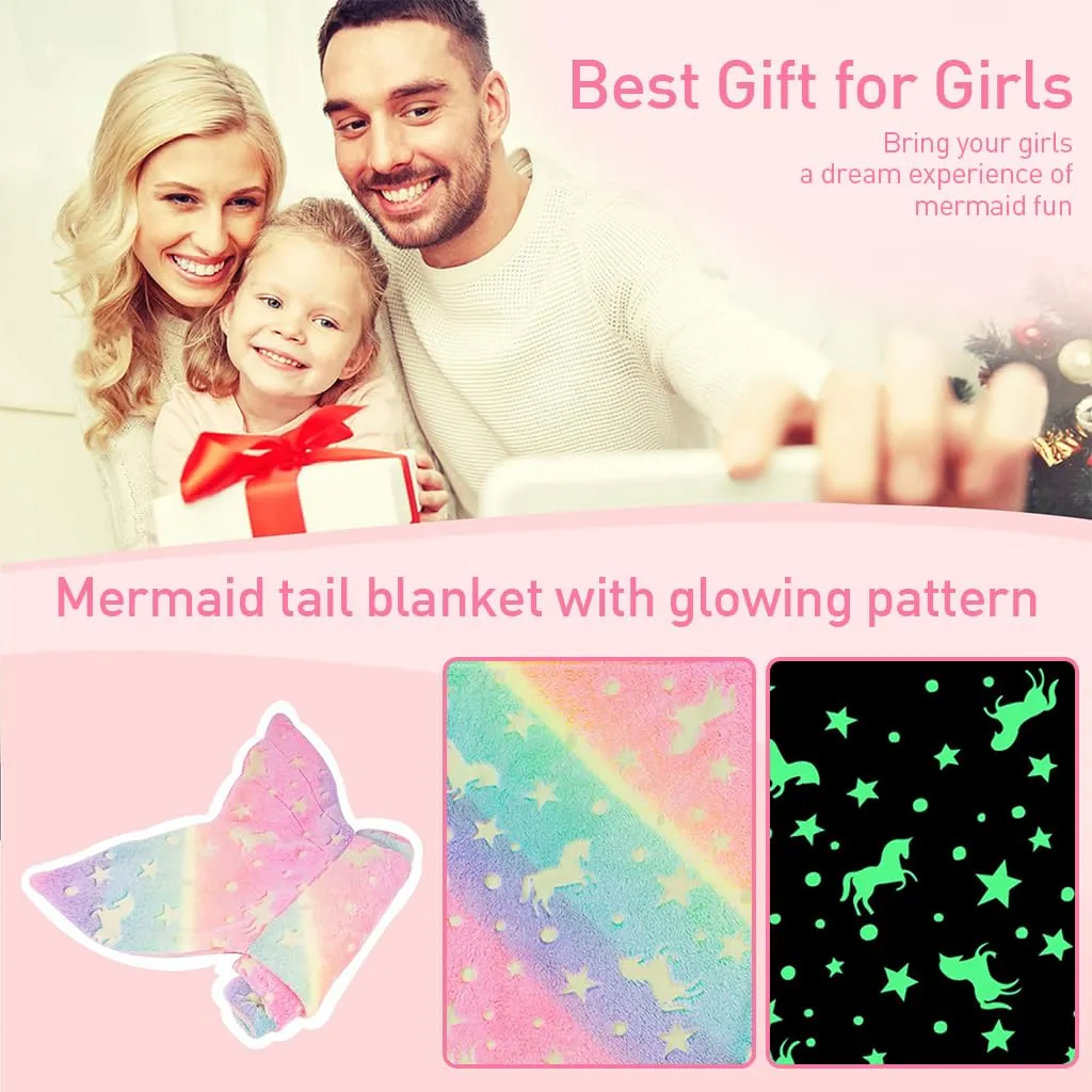 SNOWIE SOFT® Mermiad Tail Blanket for Kids, Flannel Cartoon Soft Blanket Glow in The Dark Kids Blanket Dreamy Travel Blanket Fish Tail Mermaid Blanket for Girls -Birthday Gift for Girls Kids