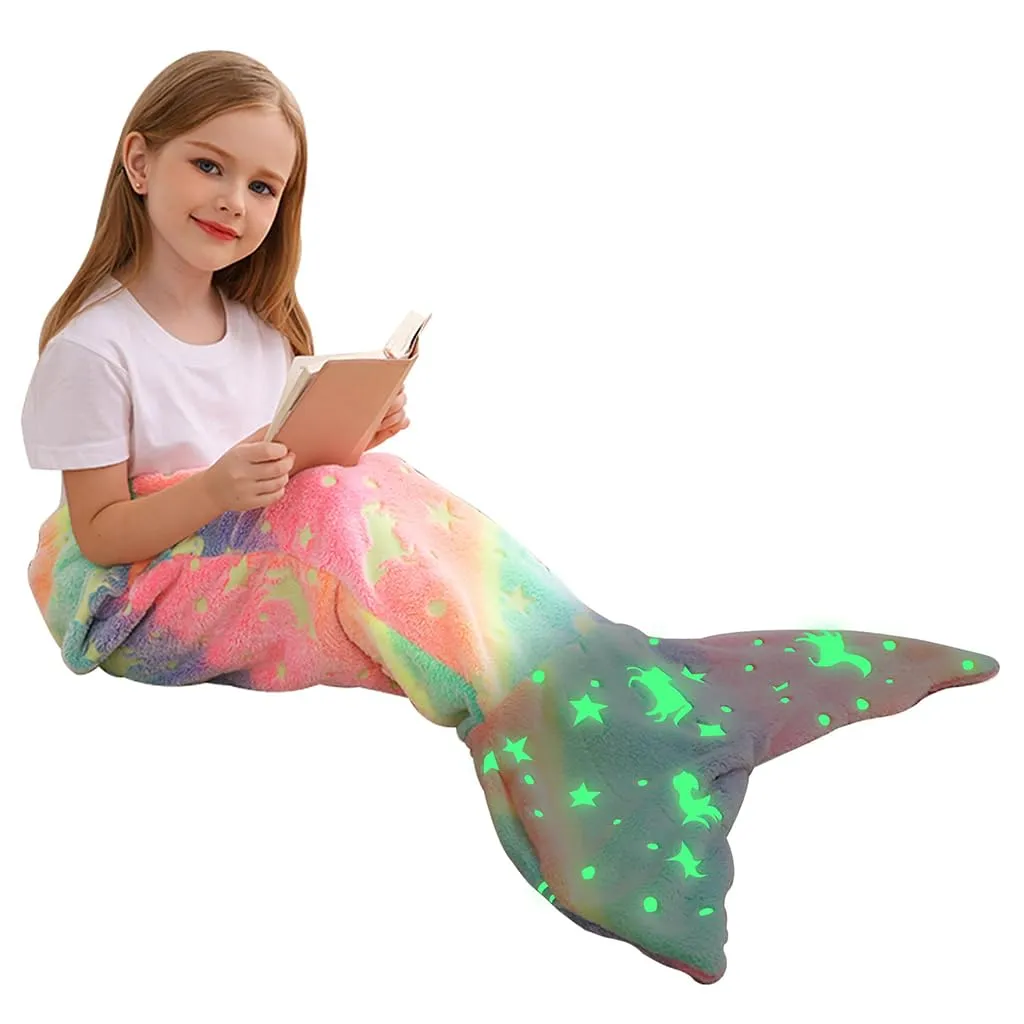 SNOWIE SOFT® Mermiad Tail Blanket for Kids, Flannel Cartoon Soft Blanket Glow in The Dark Kids Blanket Dreamy Travel Blanket Fish Tail Mermaid Blanket for Girls -Birthday Gift for Girls Kids