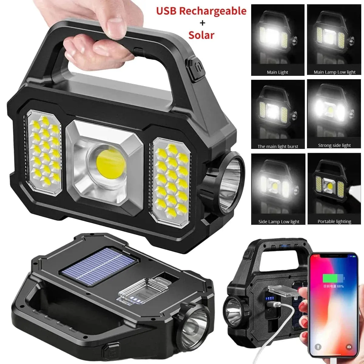 Solar Rechargeable Flashlight Zoomable Waterproof LED Torch Brightly Light Portable Powerful Lantern For Camping