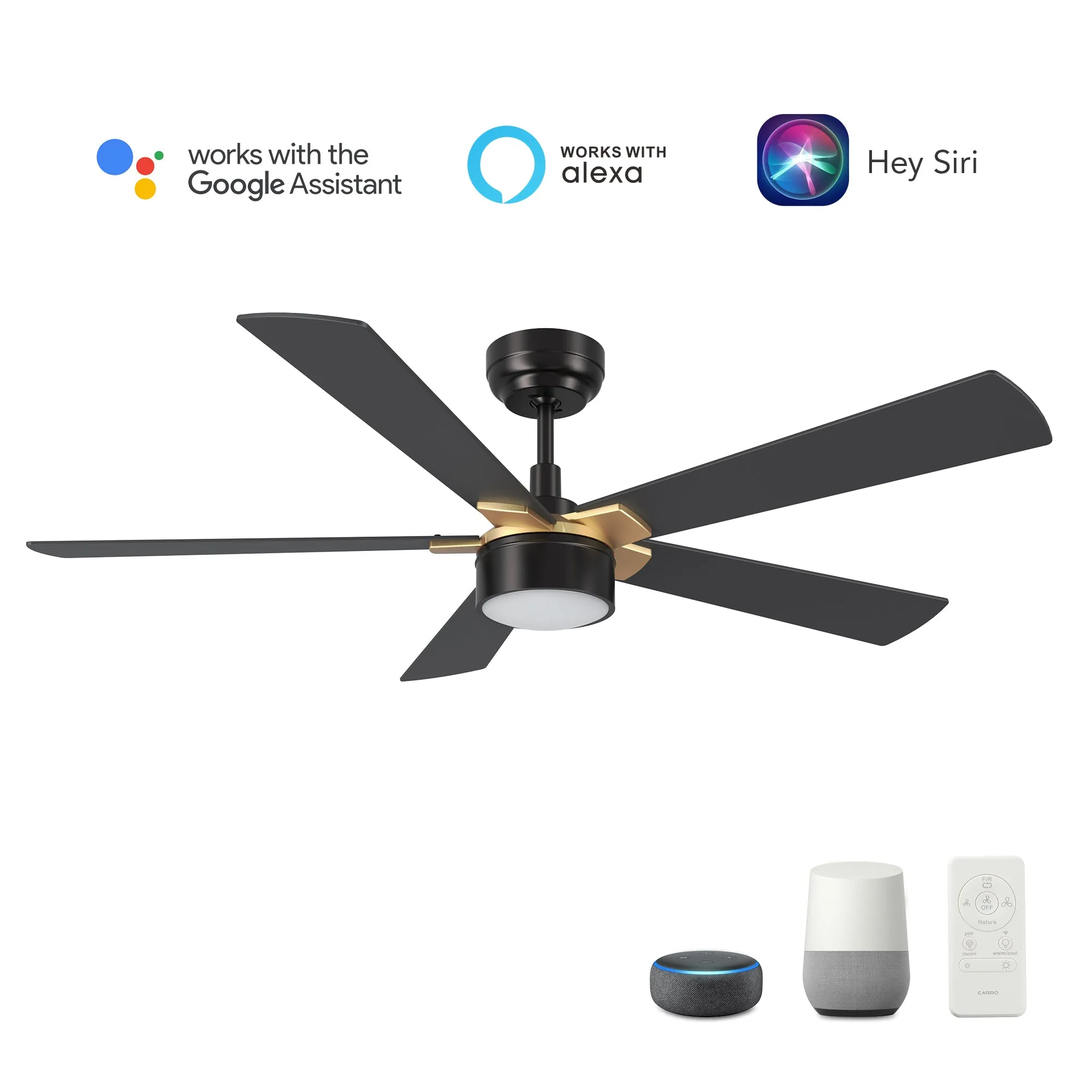 STOCKTON 52 inch 5-Blade Smart Ceiling Fan with LED Light Kit & Remote Control- Black/Black (Gold Details)