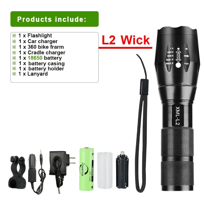 Super Bright XM-L2 LED Flashlight 18650 Rechargeable Torch Most Powerful Flash Light 2000 Lumen High Power Lantern Camping Lamp