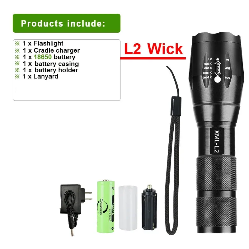 Super Bright XM-L2 LED Flashlight 18650 Rechargeable Torch Most Powerful Flash Light 2000 Lumen High Power Lantern Camping Lamp