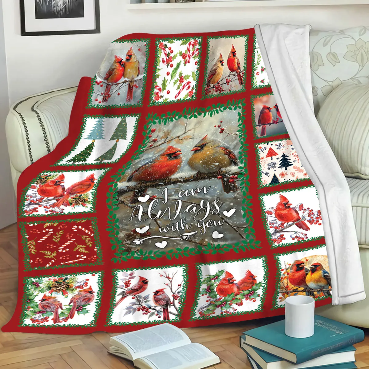 Teesdily | Cardinal I Am Always With You Blanket, Cardinal Blanket Throw, Red Bird Memorial Blanket, Family Blanket Christmas Gift