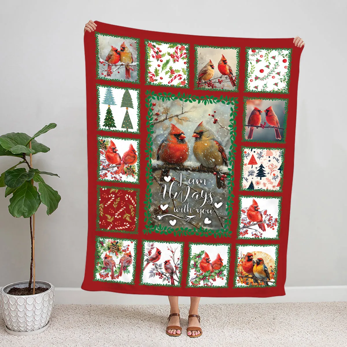 Teesdily | Cardinal I Am Always With You Blanket, Cardinal Blanket Throw, Red Bird Memorial Blanket, Family Blanket Christmas Gift