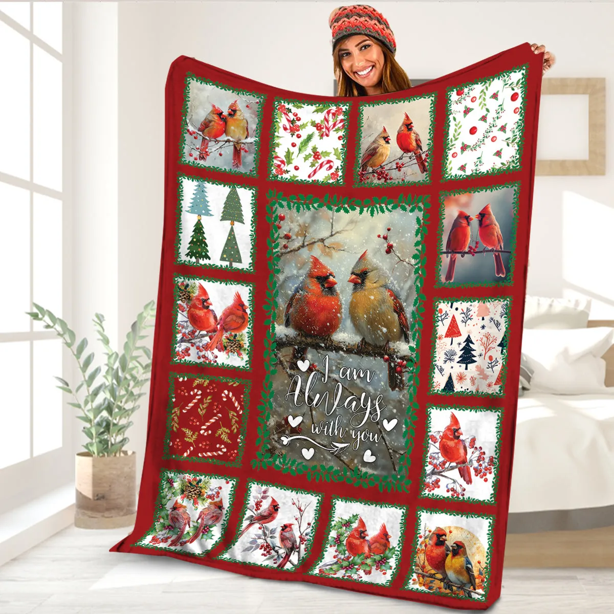 Teesdily | Cardinal I Am Always With You Blanket, Cardinal Blanket Throw, Red Bird Memorial Blanket, Family Blanket Christmas Gift