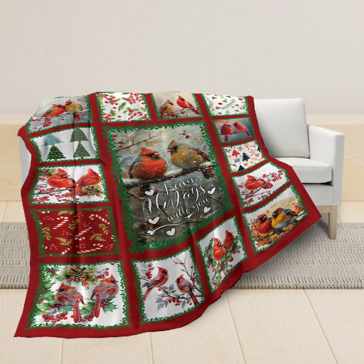 Teesdily | Cardinal I Am Always With You Blanket, Cardinal Blanket Throw, Red Bird Memorial Blanket, Family Blanket Christmas Gift