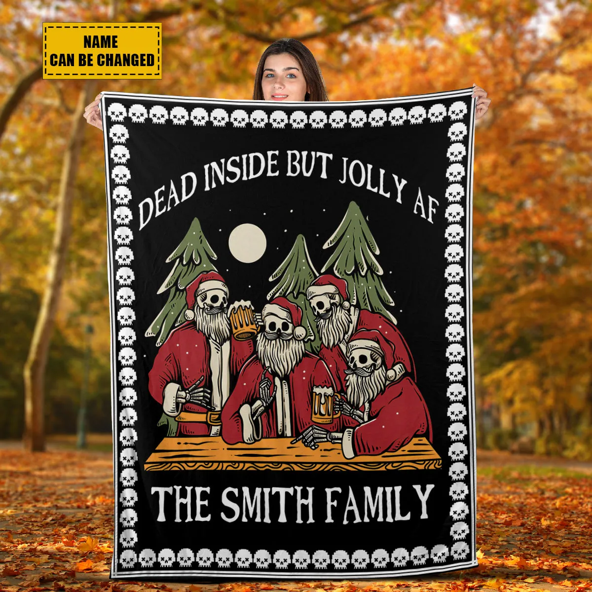 Teesdily | Custom Family Name Dead Inside But Jolly Af Skull Christmas Blanket Funny Skull Pixel Print Sherpa Blanket Gothic Family Gifts Home Decor