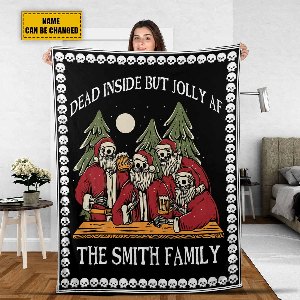 Teesdily | Custom Family Name Dead Inside But Jolly Af Skull Christmas Blanket Funny Skull Pixel Print Sherpa Blanket Gothic Family Gifts Home Decor