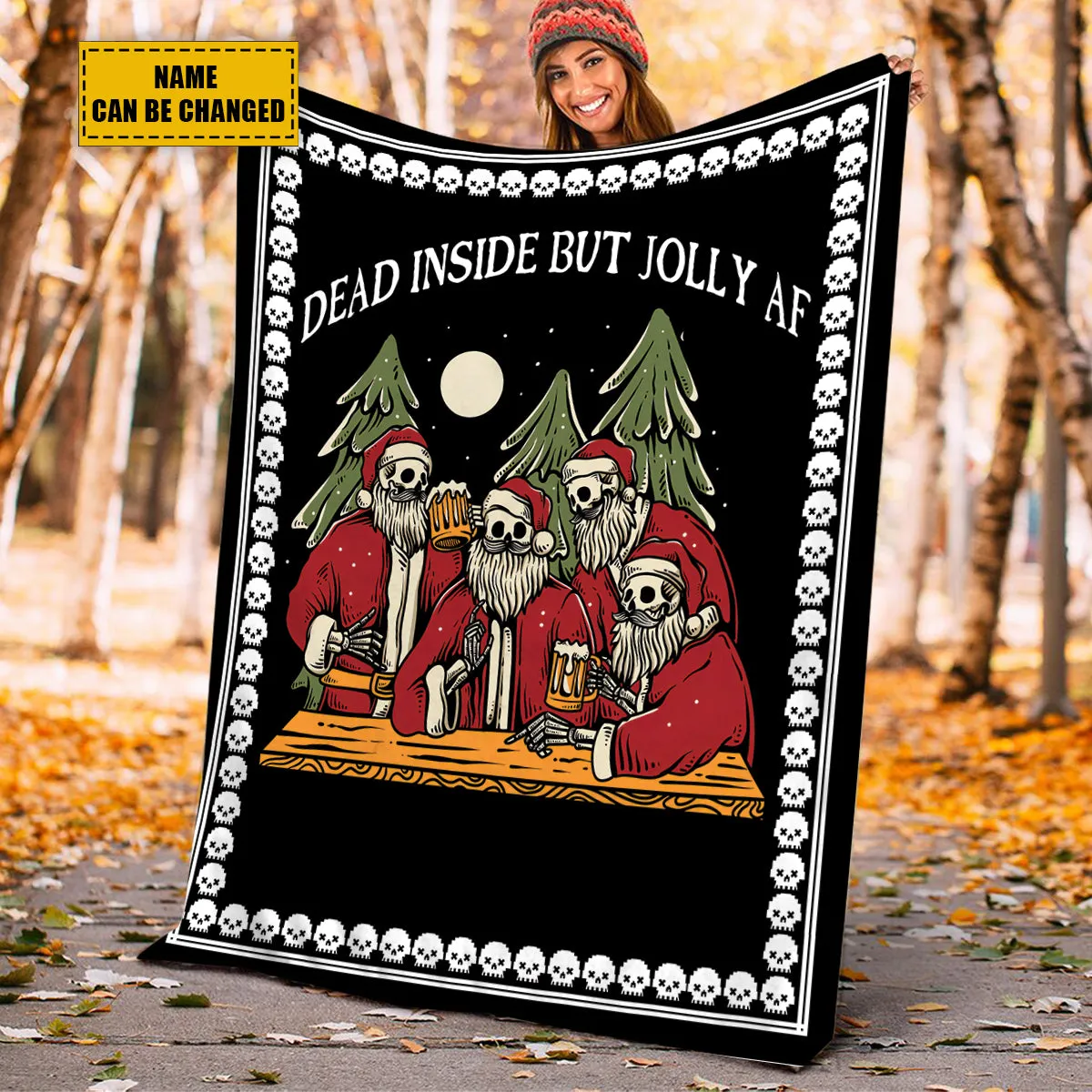 Teesdily | Custom Family Name Dead Inside But Jolly Af Skull Christmas Blanket Funny Skull Pixel Print Sherpa Blanket Gothic Family Gifts Home Decor