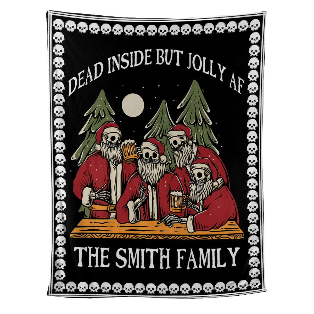 Teesdily | Custom Family Name Dead Inside But Jolly Af Skull Christmas Blanket Funny Skull Pixel Print Sherpa Blanket Gothic Family Gifts Home Decor