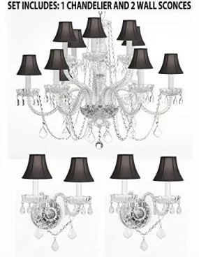 Three Piece Lighting Set - Crystal Chandelier H27" X W32" And 2 Wall Sconces With Black Shades - 1Ea Blkshd/385/6 6  2Ea Blkshd/B12/2/386