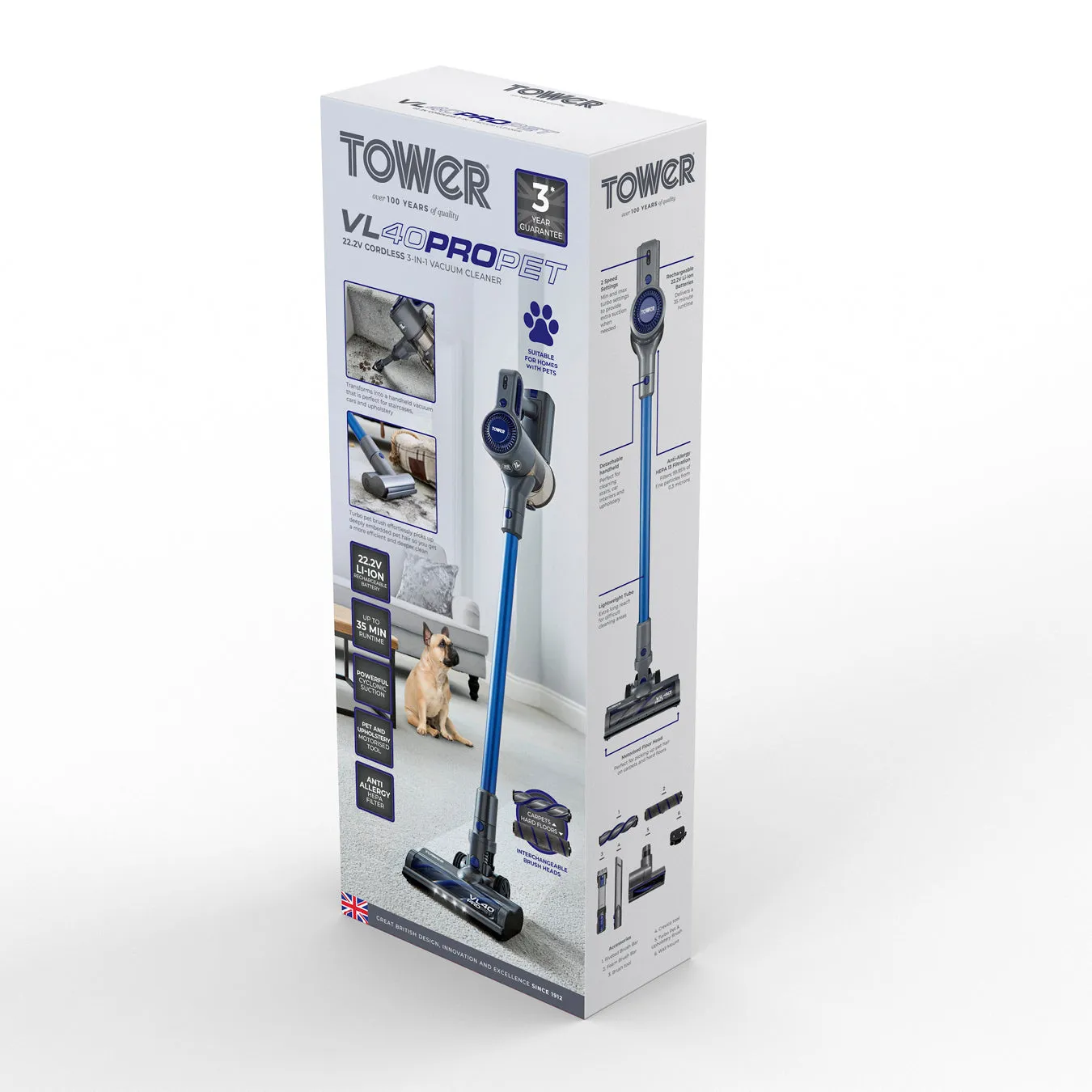 Tower VL40 Pro Pet 22.2V Cordless 3-IN-1 DC Vacuum Cleaner - Blue