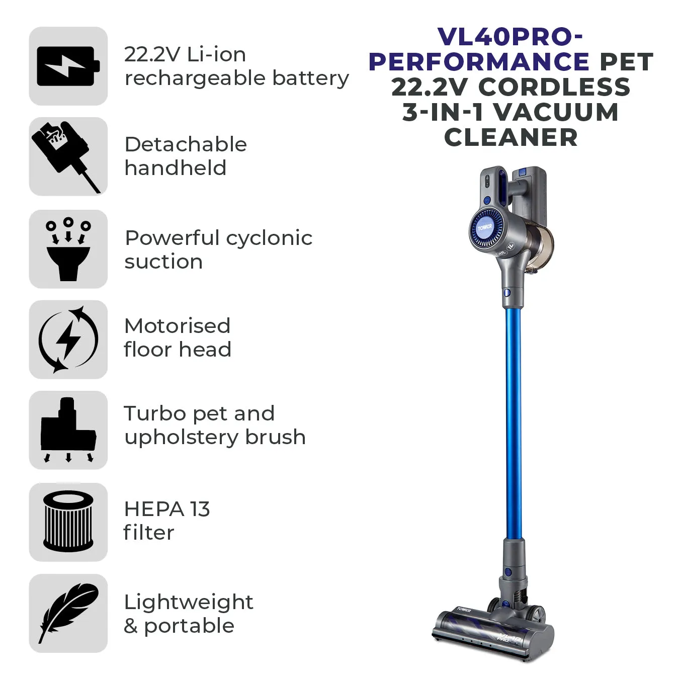 Tower VL40 Pro Pet 22.2V Cordless 3-IN-1 DC Vacuum Cleaner - Blue